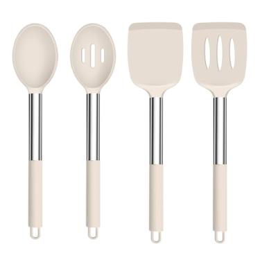 Imagem de TeamFar Utensílios de cozinha, 4 peças de silicone para cozinhar, conjunto de espátulas e colheres com cabo de aço inoxidável, para fritura, mistura, drenagem, torneamento, saudável e à prova de