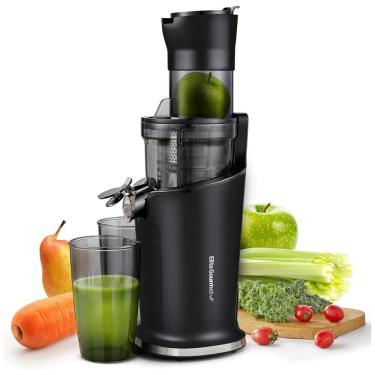 Imagem de Centrifuga de Frutas de Prensa Fria com Calha de Alimentação Para Até 3 Frutas Inteiras e Copo de 800mL, 110V 150W, Elite Gourmet, Preta