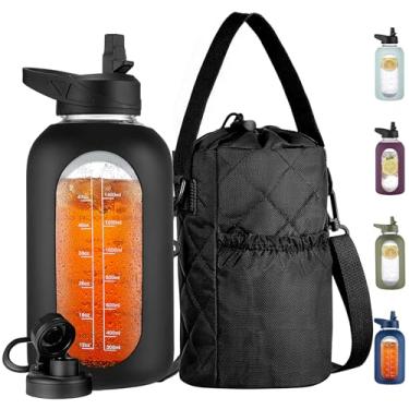 Imagem de CIVAGO Garrafa de água de vidro de 1,8 litro com canudo e suporte de garrafa isolado, jarro de água motivacional de 1,8 l com marcador de tempo e manga de silicone, frasco de água com 2 tampas, preto