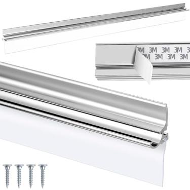 Imagem de BSFRNF Trilho de gotejamento de substituição para porta de chuveiro cromado de 81 cm com defletor de água de porta de varrer de vinil, fita de montagem aplicada e parafusos (81 polegadas)