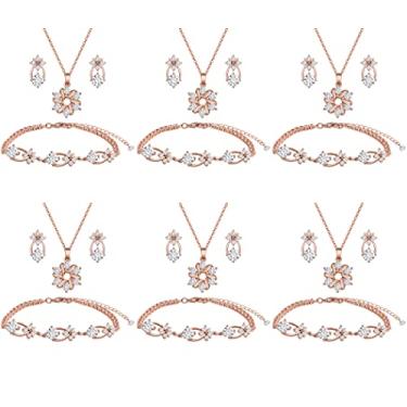 Imagem de Conjunto de joias de dama de honra para casamento, ouro 18K ou ouro rosa ou cobre banhado a prata com zircônia cúbica limpa colar brinco conjunto de pulseira para mulheres meninas presente, Cobre, Sem Pedra Preciosa