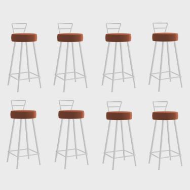 Imagem de Kit 08 Banqueta Alta Com Encosto Tina Eiffel Cozinha Bar Bistrô Ferro Branco Corino Laranja - Ahz Móveis