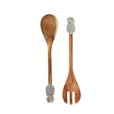 Imagem de Kit 2 Peças Colher e Garfo Para Salada Madeira Acácia Abacaxi Metal Zamac Wolff