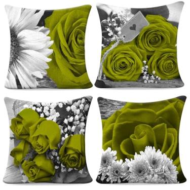 Imagem de Capas de almofada verde brilhante, pacote com 4, 45,7 x 45,7 cm, verde claro, amarelo, rosa, preto, cinza, flores escuras, decorativas, para sofá-cama, exterior, flores, linho, fazenda, primavera
