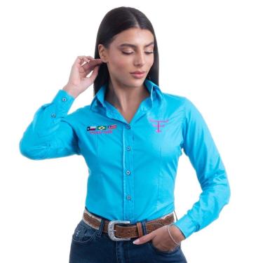 Imagem de CAMISA COMPETIÇÃO FEMININA MANGA LONGA TEXAS FARM - CAP007 - AZUL BEBÊ/ ROSA PINK-Feminino