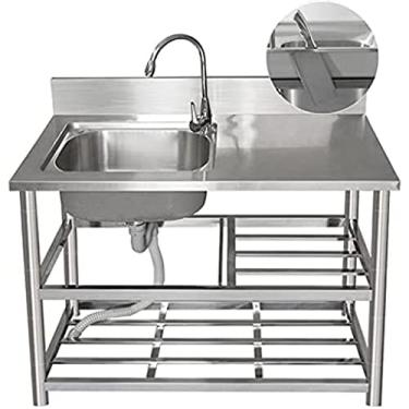 Imagem de Pia De Cozinha Em Aço Inoxidável 304, Lavatório Simples Com Bancada De Trabalho, Torneira De Água Quente E Fria Gooseneck 360°, Prateleira De Armazenamento De 3 Camadas, Comprimento: 80/100/120cm,