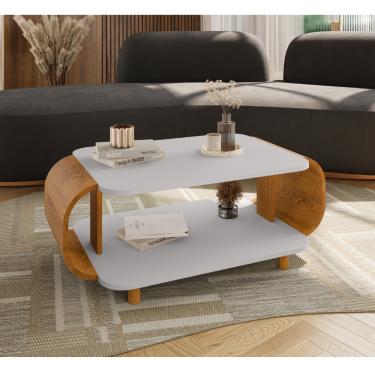 Imagem de Mesa de Centro Oval com Pés de Madeira Maciça Floripa Bechara - Off White/Naturale