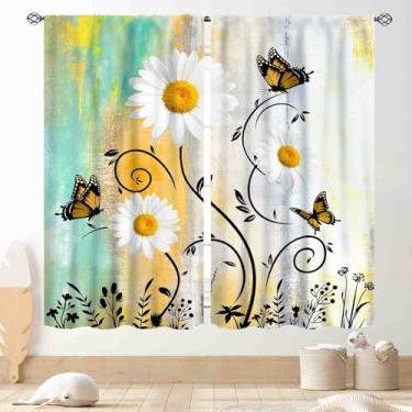 Imagem de Cortinas florais, camomila margarida colorida flor brilhante primavera borboleta rural campo sazonal amarelo azul-petróleo cortina de janela para sala de estar quarto cozinha banheiro 2 painéis, 106,7
