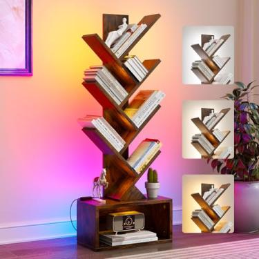 Imagem de Evermagin Estante de árvore de 6 camadas com luzes, estante de livros de LED com organizador de armazenamento, estante de canto pequena para sala de estar, quarto e escritório em casa, marrom rústico