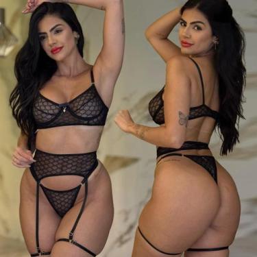 Imagem de Conjunto Lingerie Sensual Tule Transparente Cinta Liga Sexy Sedução - 