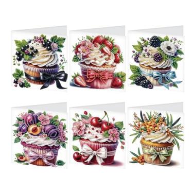 Imagem de SHEGZHUC Pacote com 6 kits de arte de diamante com pintura de diamante para adultos, aniversário, casamento, aniversário, felicitações, cartões de agradecimento com envelopes || Bolos pequenos
