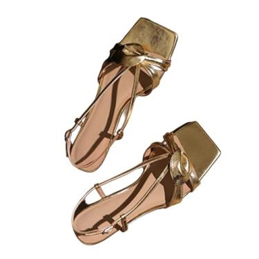 Imagem de Archicolor Sandálias minimalistas francesas retrô douradas de 4 cm de salto alto modernas elegantes de couro bovino sandálias de verão sapatos femininos, Dourado, 34