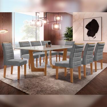 Imagem de Conjunto Sala De Jantar Nápoles Tampo Vidro/Mdf Com 8 Cadeiras Genova Smart Plus Cel Móveis Cinamomo/Off White/Cinza