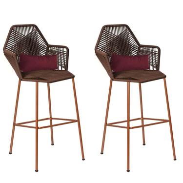 Imagem de Kit 02 Banqueta Alta Com Encosto Sttar Ferro Bronze Fibra Marrom Almofada Suede Bordô