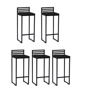 Imagem de Kit 05 Banqueta Alta Com Encosto Núria Balcão Bar Cozinha Bistrô Ferro Preto Sintético Preto