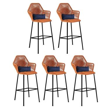 Imagem de Kit 05 Banqueta Alta Com Encosto Sttar Ferro Preto Fibra Terracota Almofada Sintético Azul Marinho