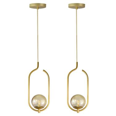 Imagem de Kit 2 Pendentes Lustres On Clip Dourado Globo De Vidro âmbar