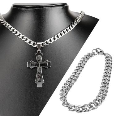 Imagem de Cordão Prata Aço Inox + Pingente Pai Nosso Cruz + Pulseira Casual Moda Masculina Religioso
