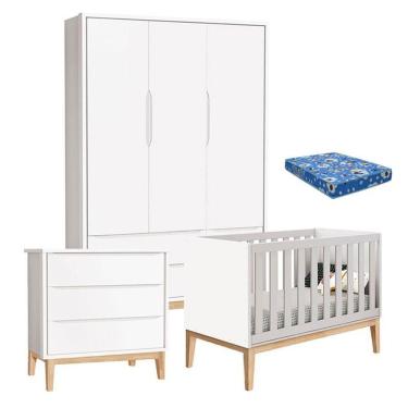 Imagem de Quarto De Bebê Classic 3 Portas Com Colchão E Cômoda Gaveteiro Branco Pés Madeira Natural - Reller