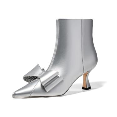 Imagem de Coutgo Botas Femininas De Salto Baixo Tipo Gatinho, Com Strass, Laço, Bico Fino, Zíper Lateral, Sapatos Outono, Prata, Tamanho 8