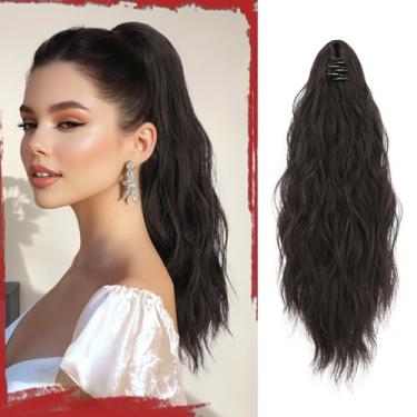 Imagem de SOFEIYAN Extensão De Rabo Cavalo Sofeiyan, 16" Cacheado, Ondulado, Grampo Garra, Pequeno, Aplique, Fofo, Grampos Mandíbula Para Mulheres, Aplique Cabelo Sintético, Castanho Escuro Tendendo A Preto