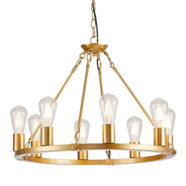 Imagem de GYNAZIX Lustre De Roda Carroça Dourada, Luminária Com 8 Luzes Para Sala Jantar, Pendente Redonda Metal Dourado 23,6" Ilha Cozinha, Hall Entrada, Estar, Altura Ajustável, E26