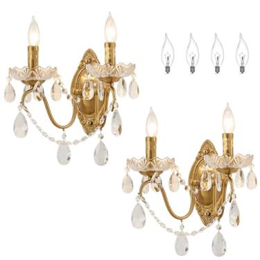 Imagem de Ondersley Conjunto De 2 Arandelas Cristal Para Decoração Parede, Candelabros Luzes, Duas Douradas, Arandela Metal Com Aparência Vintage, Acabamento Em Latão Gotas Vidro, Luminária Decorativa