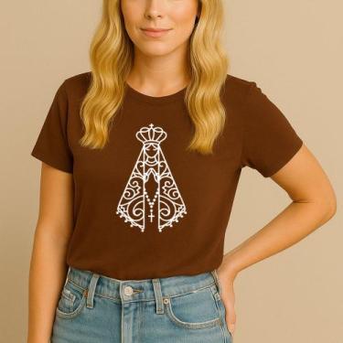Imagem de T-shirt Católica Estampa Nossa Senhora Aparecida Terço Oração Fé Crist