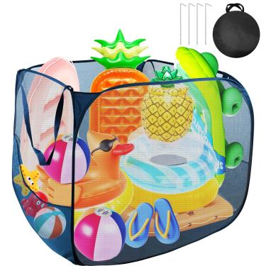Imagem de Caixa organizadora de brinquedos para piscina, 81 x 81 cm x 76 cm, bolsa organizadora com 2 bolsos laterais, organizador de brinquedos de piscina de malha com 4 pregos de chão para brinquedos