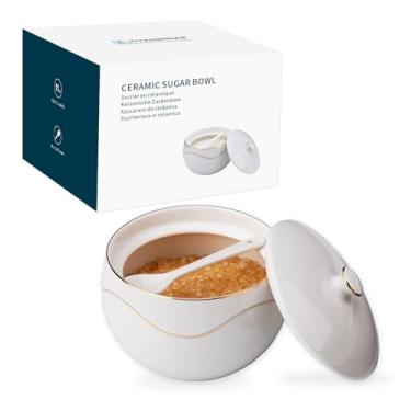 Imagem de KITCHENDAO Tigela de açúcar de porcelana com tampa e colher – livre de poeira – recipiente de cerâmica para bancada de cozinha, café, lava-louças, forno e freezer, 325 ml