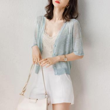 Imagem de Cardigan De Manga Curta Para Mulheres Manga Curta Encolher De Ombros Verão Floral Renda Bolero Cardigan Casaco Curto De Crochê Azul Claro Jaqueta De Malha Elegante Jaqueta De Ombro Tran, S