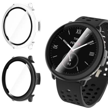 Imagem de WD&CD Pacote com 2 capas compatíveis com Amazfit Active 2 preto + transparente, capa rígida de PC com protetor de tela de vidro temperado compatível com Amazfit Active 2 Smart Watch de 44 mm