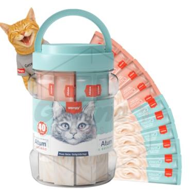 Imagem de Petisco para Gatos Wanpy Pote com 40 Tubos Sabores Atum com Salmão e Atum com Bacalhau Sem Corantes, Alta Palatabilidade