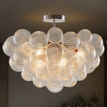 Imagem de BeyPan Lustre De Vidro Bolha Com Bola Vidro, Niquelado, 24" Diâmetro, Semi-Embutido, Luzes Teto, Lustres Globo Soprado Transparentes, Luminárias Mesa Jantar Para Sala Estar, Quarto, Cozinha, Hall En