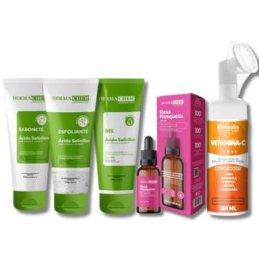 Imagem de Kit Skincare Anti Acne e Oleosidade Sabonete + Esfoliante + Gel Hidratante + Mousse Micelar Limpeza Facial Vitamina C 150ml + Sérum Rosa Mosqueta hidratante/clareador 30ml - 5 ITENS