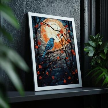 Imagem de Quadro Decorativo Pássaro Azul Lua Cheia Com Moldura Arte Noturna Vidro Colorido Natureza Mosaico Moderno Poético Parede