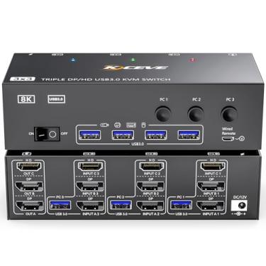 Imagem de KVM Switch 3 Monitores 3 Computadores 8K@60Hz,HDMI Displayport Triple Monitor KVM Switch,3 Monitores KVM switch com 4 portas USB 3.0 para impressora de teclado e mouse, remoto com fio e cabo USB
