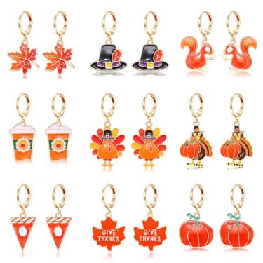Imagem de 8 a 16 pares de brincos de ação de graças para mulheres, conjunto de brincos de outono, colheita, abóbora, peru, folha de bordo, brincos de outono, presentes de férias, Zinco, Sem pedra preciosa