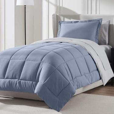 Imagem de Nestl Conjunto de edredom solteiro de 7 peças – Cama reversível azul pedra em uma bolsa – Conjunto completo de cama de solteiro com lençóis, travesseiros alternativos de plumas, fronha e fronha