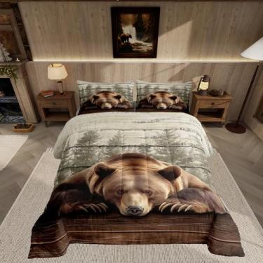 Imagem de Feelyou Jogo de cama queen com urso, cabana de caça, animais selvagens, para decoração de quarto de crianças, meninos e adolescentes, capa de edredom rústica ocidental, marrom e verde