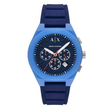 Imagem de Armani Exchange Relógio masculino com cronógrafo A|X; relógio masculino com pulseira de couro, aço inoxidável ou silicone, Silicone azul, Sincronização