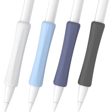 Imagem de FAFALITHIC Pacote com 4 cabos ergonômicos compatíveis com Apple Pencil 1ª geração, 2ª geração, USB-C e Pro Silicone iPencil Grip (branco/azul/azul meia-noite) e preto)