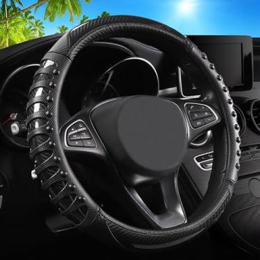 Imagem de Capa de volante de carro de massagem 3D, capas universais de couro de fibra de carbono preta de 35 a 38 cm, respirável, antiderrapante, inodoro, acessórios para volantes para homens e mulheres