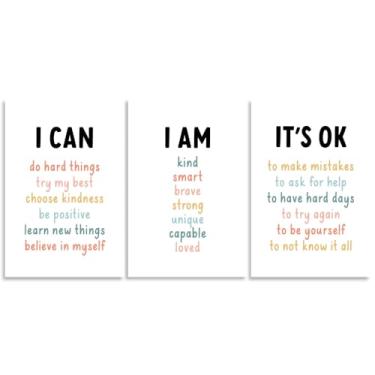 Imagem de Conjunto de 3 pôsteres motivacionais de arte de parede de afirmação positiva diária para crianças decoração de parede inspiradora I CAN, IT'S OK, I AM Quotes impressões em tela para sala de aula
