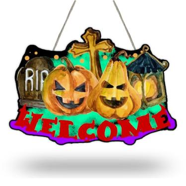 Imagem de RIP Placa de Halloween com cruz de abóbora - 17,78 cm x 25,4 cm Decoração de parede rústica de casa de fazenda com corda de juta, perfeita para Halloween, casa de campo, casa, quarto, tema de bruxa