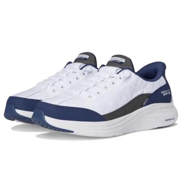 Imagem de Skechers Tênis feminino de espuma de contorno confortável para mãos livres sem cadarço, Branco/Azul marinho, 38