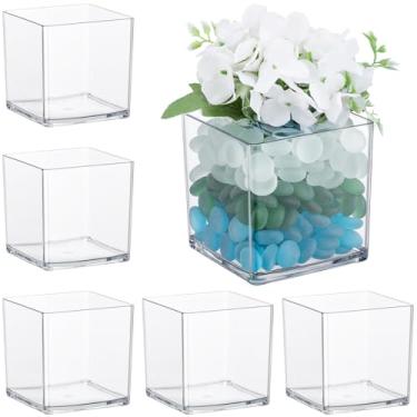 Imagem de Suream Vaso de flores quadrado de 10 x 10 x 10 cm, 6 pacotes de vaso de plástico transparente para centros de mesa, cubo de acrílico para plantas, velas, casamentos, casa, escritório, decoração floral