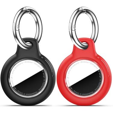 Imagem de Pacote com 2 Airtags de suporte à prova d'água com chaveiro Apple AirTag, capa rígida para PC AirTag, suporte antiarranhões e choques, chaveiros e chaveiros masculinos femininos - preto + vermelho