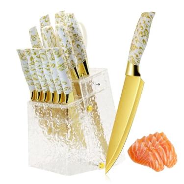 Imagem de Conjunto de blocos de facas, facas afiadas douradas com bloco de acrílico, conjunto de facas de cozinha de aço inoxidável com faca de bife serrilhada, faca de chef, faca de pão, tesoura, afiador