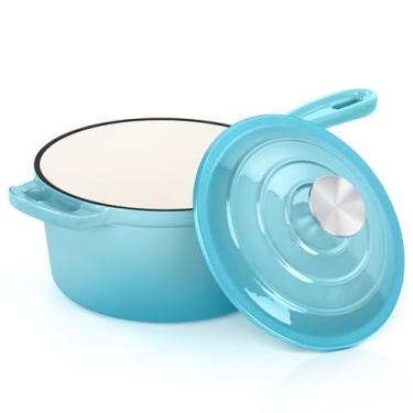 Imagem de E-far Panela de ferro fundido esmaltado, panela de forno holandês de 2 litros com tampa, panela pequena para cozinhar, ferver, saudável e não tóxica, segura para indução e forno, azul claro